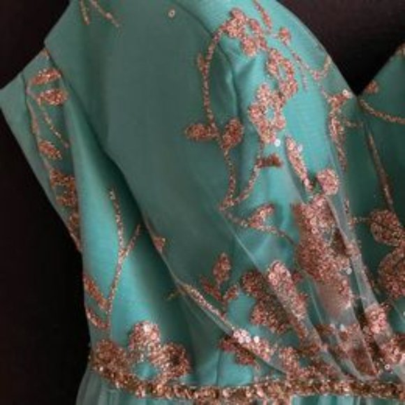 Teal and Gold Floral Prom Dress - Picture 5 of 10